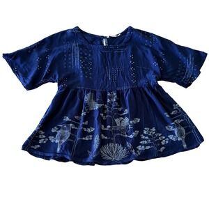 Max Blue Bird block style Print Babydoll Top Short Sleeve Viscose Blouse Small